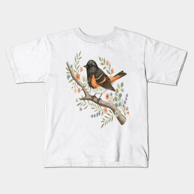 American Redstart Bird with Flowers and Leaves Kids T-Shirt by BirdsnStuff