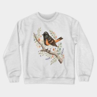 American Redstart Bird with Flowers and Leaves Crewneck Sweatshirt