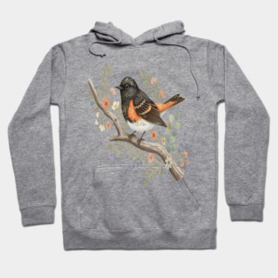 American Redstart Bird with Flowers and Leaves Hoodie