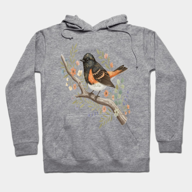 American Redstart Bird with Flowers and Leaves Hoodie by BirdsnStuff