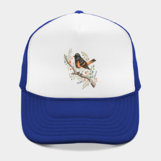 American Redstart Bird with Flowers and Leaves Hat
