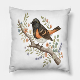 American Redstart Bird with Flowers and Leaves Pillow