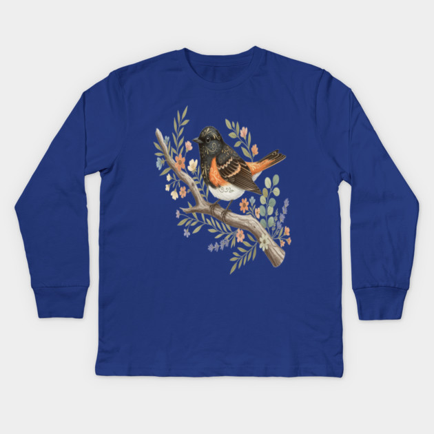 American Redstart Bird with Flowers and Leaves Kids Long Sleeve T-Shirt by BirdsnStuff