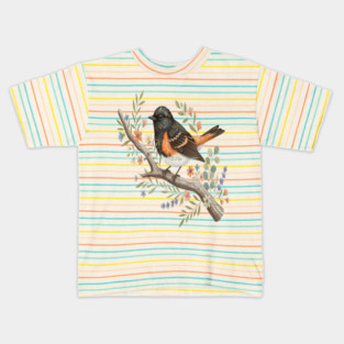 American Redstart Bird with Flowers and Leaves Kids T-Shirt
