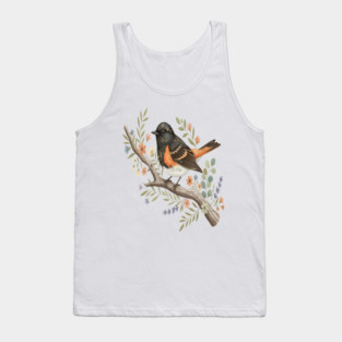 American Redstart Bird with Flowers and Leaves Tank Top