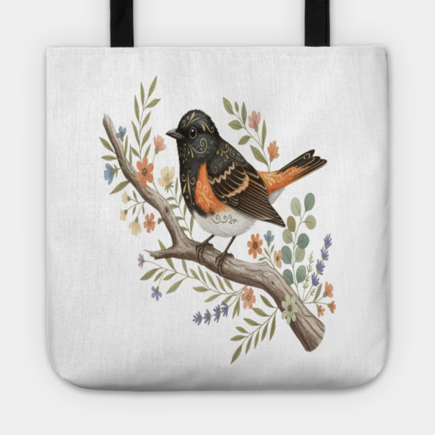 American Redstart Bird with Flowers and Leaves Tote by BirdsnStuff