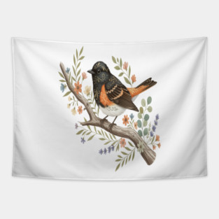 American Redstart Bird with Flowers and Leaves Tapestry