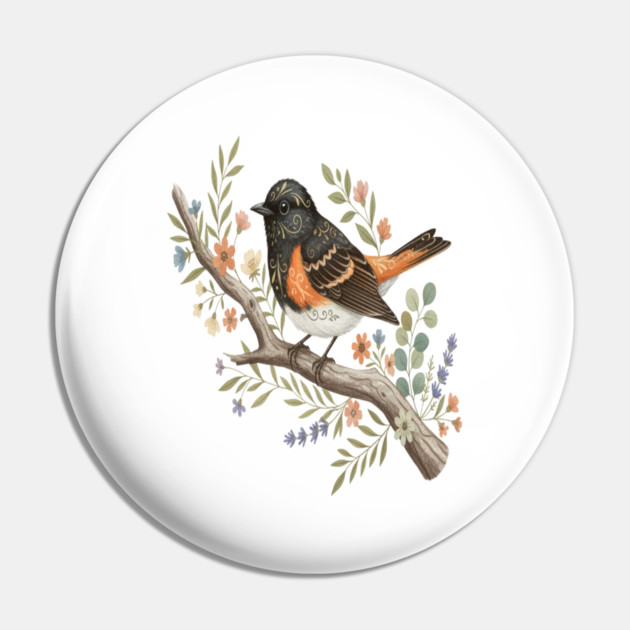 American Redstart Bird with Flowers and Leaves Pin by BirdsnStuff