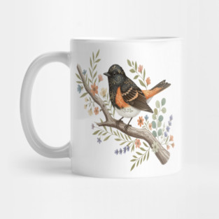 American Redstart Bird with Flowers and Leaves Mug