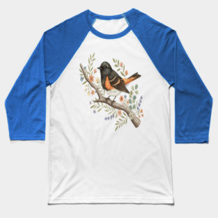 American Redstart Bird with Flowers and Leaves Baseball T-Shirt