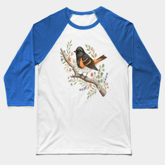 American Redstart Bird with Flowers and Leaves Baseball T-Shirt by BirdsnStuff