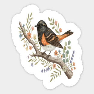 American Redstart Bird with Flowers and Leaves Sticker
