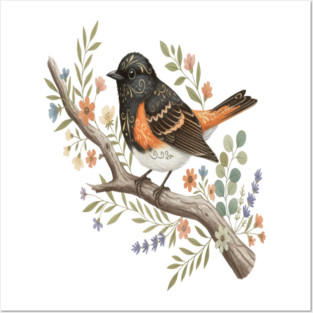 American Redstart Bird with Flowers and Leaves Posters and Art