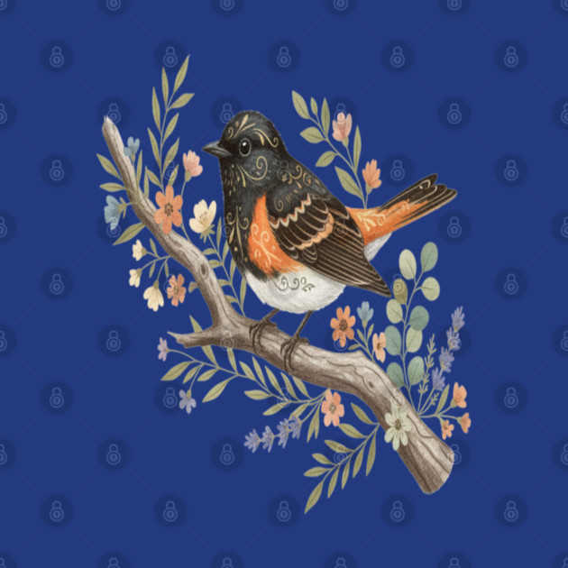 American Redstart Bird with Flowers and Leaves by BirdsnStuff