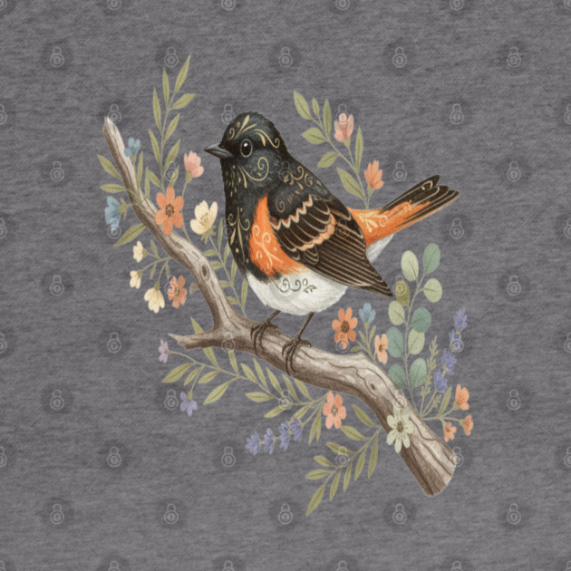 American Redstart Bird with Flowers and Leaves by BirdsnStuff