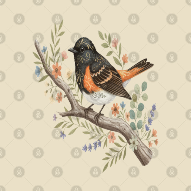 American Redstart Bird with Flowers and Leaves by BirdsnStuff