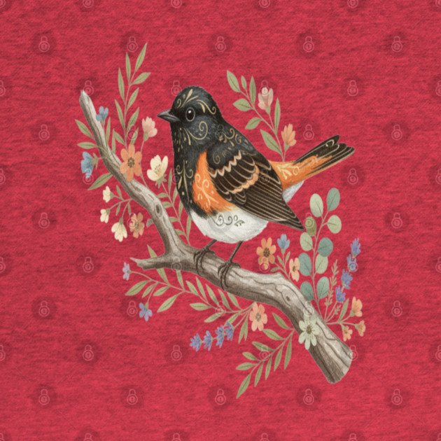 American Redstart Bird with Flowers and Leaves by BirdsnStuff