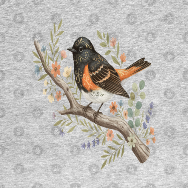 American Redstart Bird with Flowers and Leaves by BirdsnStuff