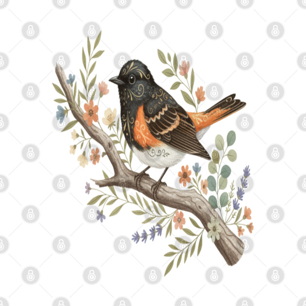 American Redstart Bird with Flowers and Leaves by BirdsnStuff