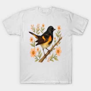 American Redstart Bird with Peach Flowers T-Shirt