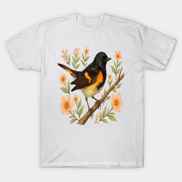 American Redstart Bird with Peach Flowers T-Shirt by BirdsnStuff