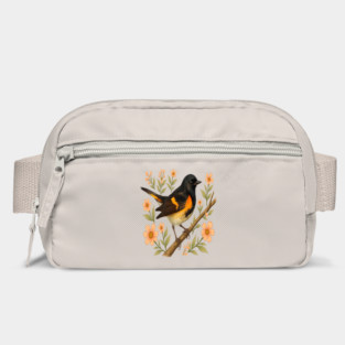 American Redstart Bird with Peach Flowers Bag