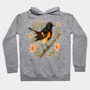 American Redstart Bird with Peach Flowers Hoodie