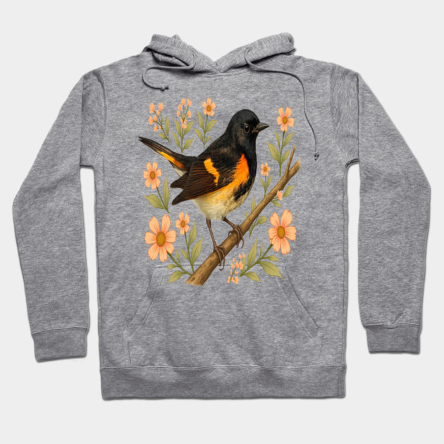 American Redstart Bird with Peach Flowers Hoodie by BirdsnStuff