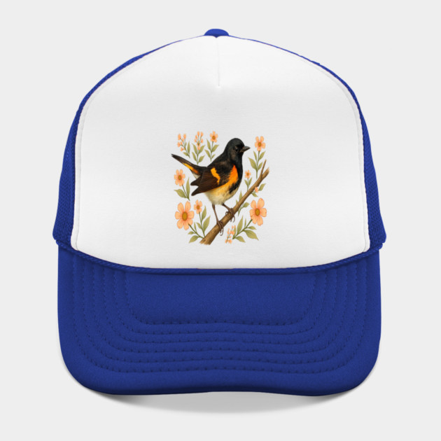 American Redstart Bird with Peach Flowers by BirdsnStuff