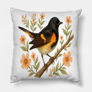 American Redstart Bird with Peach Flowers Pillow