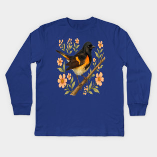 American Redstart Bird with Peach Flowers Kids Long Sleeve T-Shirt