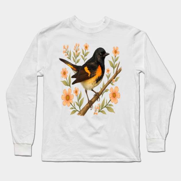 American Redstart Bird with Peach Flowers Long Sleeve T-Shirt by BirdsnStuff
