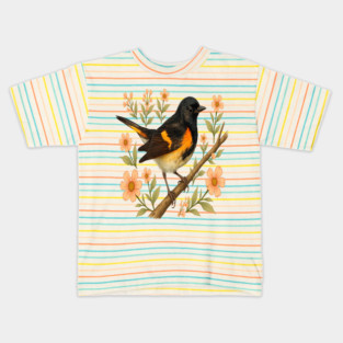 American Redstart Bird with Peach Flowers Kids T-Shirt