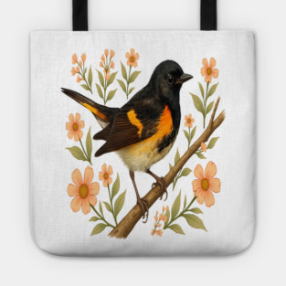 American Redstart Bird with Peach Flowers Tote