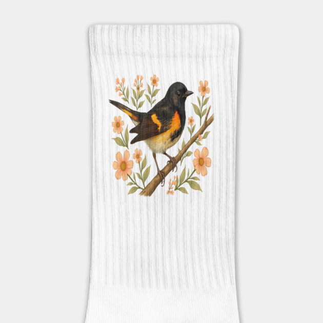 American Redstart Bird with Peach Flowers by BirdsnStuff