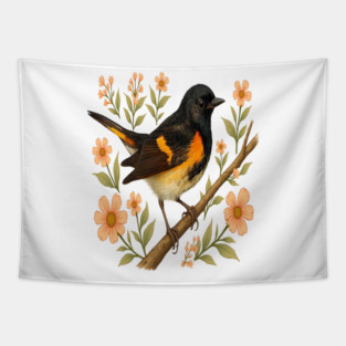 American Redstart Bird with Peach Flowers Tapestry