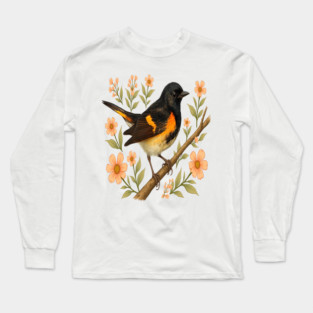 American Redstart Bird with Peach Flowers Long Sleeve T-Shirt
