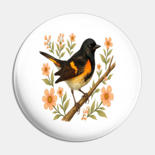 American Redstart Bird with Peach Flowers Pin