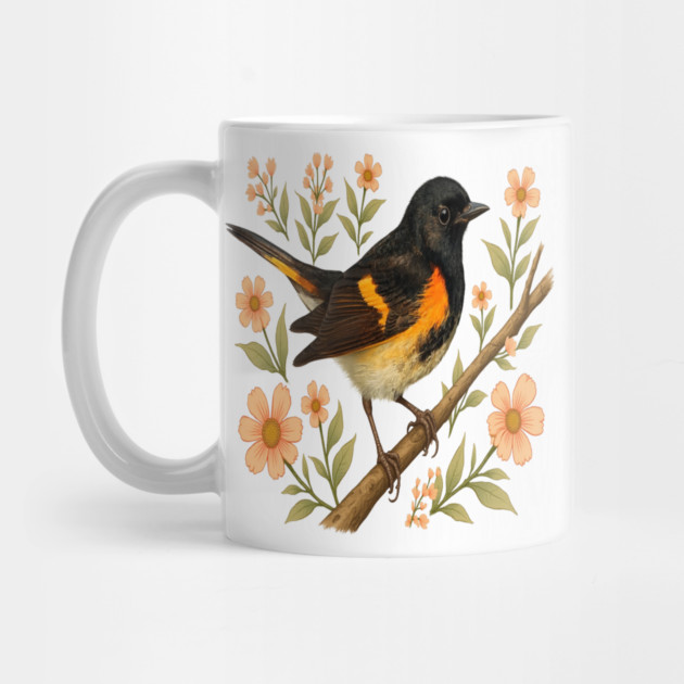 American Redstart Bird with Peach Flowers by BirdsnStuff