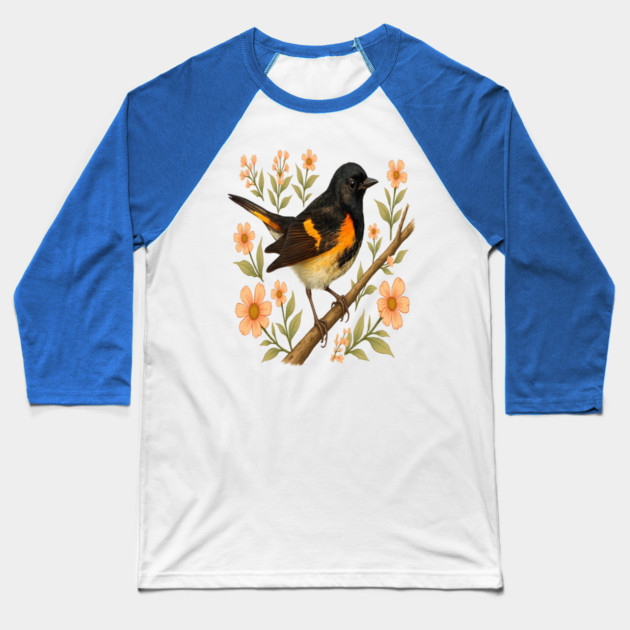 American Redstart Bird with Peach Flowers Baseball T-Shirt by BirdsnStuff