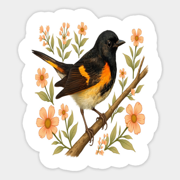 American Redstart Bird with Peach Flowers Magnet by BirdsnStuff