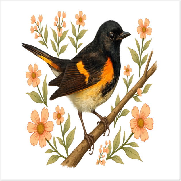 American Redstart Bird with Peach Flowers Wall Art by BirdsnStuff