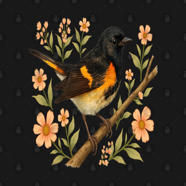 American Redstart Bird with Peach Flowers by BirdsnStuff