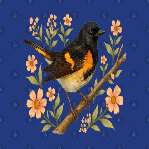 American Redstart Bird with Peach Flowers by BirdsnStuff