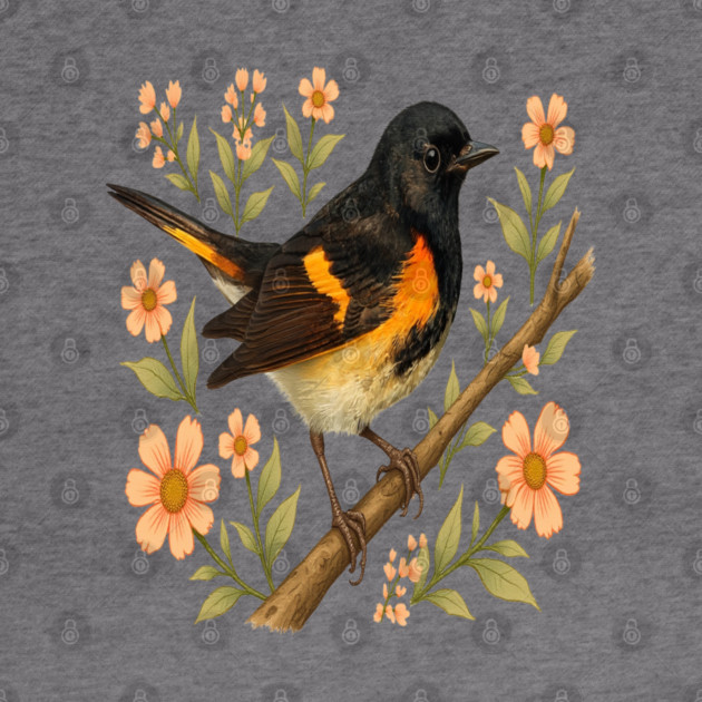 American Redstart Bird with Peach Flowers by BirdsnStuff