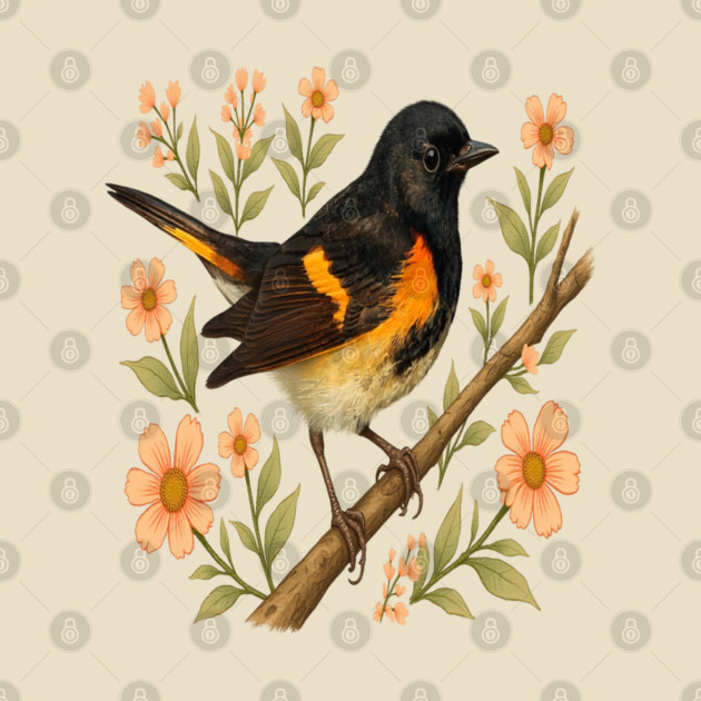 American Redstart Bird with Peach Flowers by BirdsnStuff