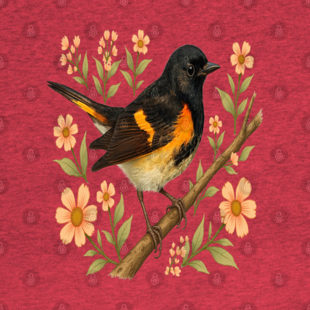 American Redstart Bird with Peach Flowers by BirdsnStuff