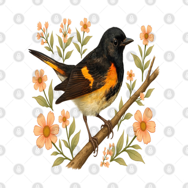 American Redstart Bird with Peach Flowers by BirdsnStuff