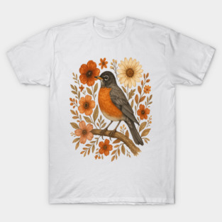 American Robin Bird with Orange and Cream Flowers T-Shirt
