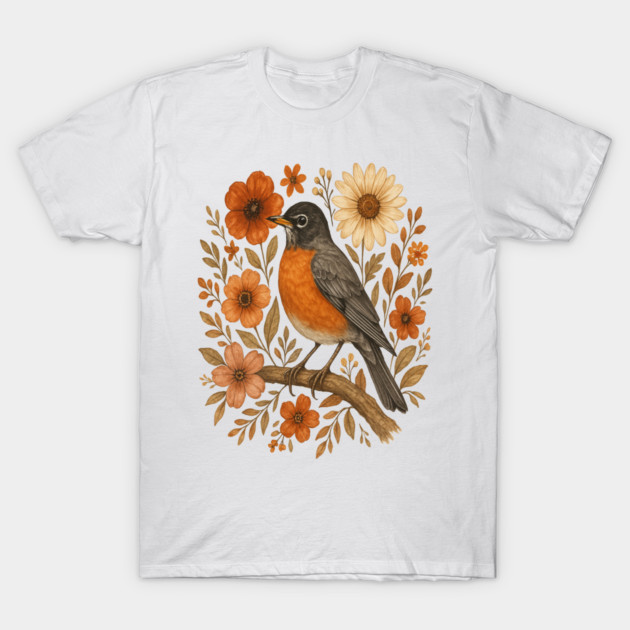 American Robin Bird with Orange and Cream Flowers T-Shirt by BirdsnStuff